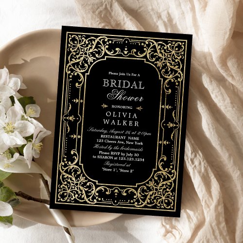Black gold elegant romantic vintage bridal shower invitation
