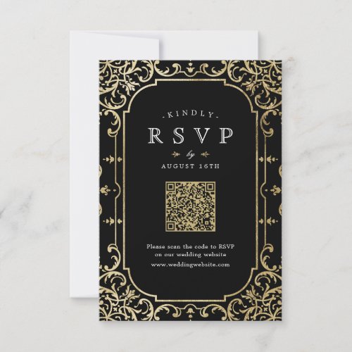 Black  gold elegant romantic vintage QR code  RSVP Card