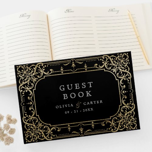 Black gold elegant romantic vintage wedding guest book