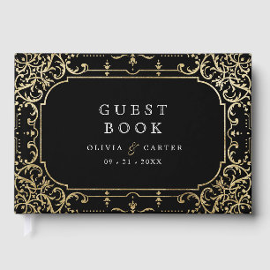 Black gold elegant romantic vintage wedding guest book