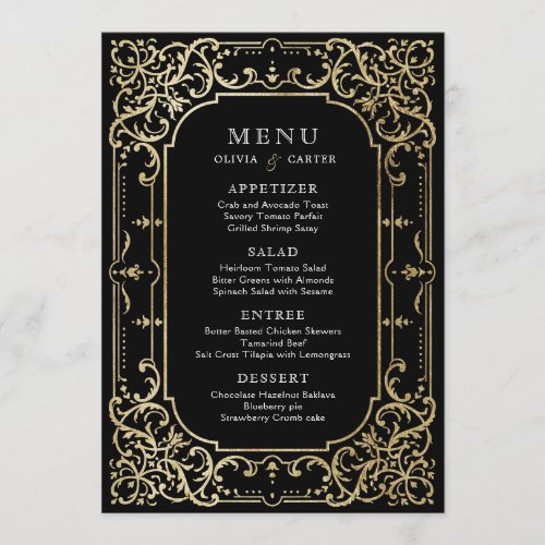 Black  gold elegant romantic vintage wedding menu