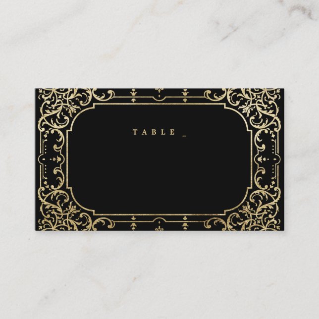 Black & gold elegant romantic vintage wedding place card (Front)