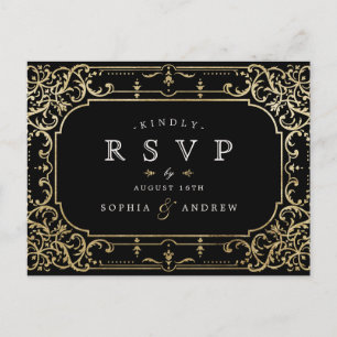 Black & gold elegant romantic vintage wedding RSVP Invitation Postcard