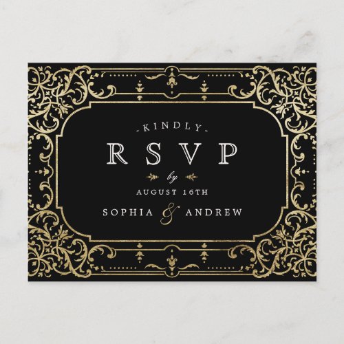 Black  gold elegant romantic vintage wedding RSVP Invitation Postcard