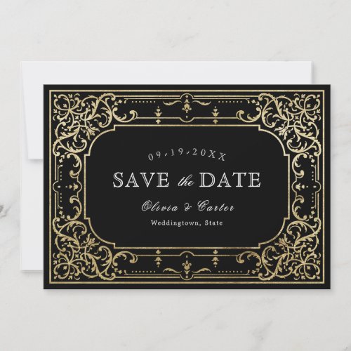 Black  gold elegant romantic vintage wedding save save the date