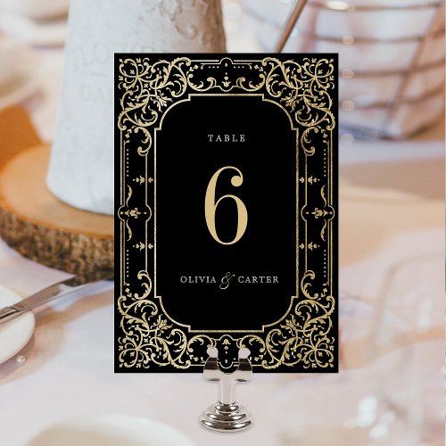 Black  gold elegant romantic vintage wedding table number