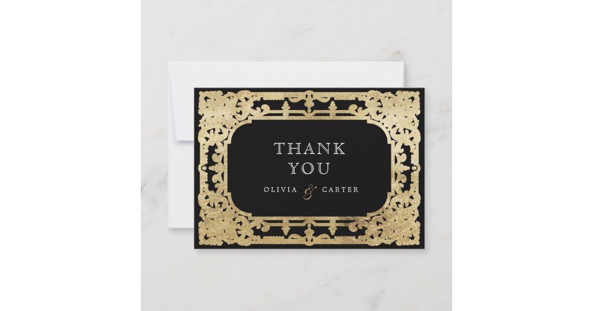Black & gold elegant romantic vintage wedding than thank you card | Zazzle