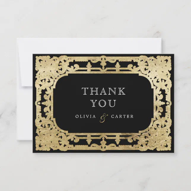 Black & gold elegant romantic vintage wedding than thank you card | Zazzle