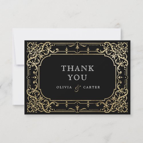 Black  gold elegant romantic vintage wedding than thank you card