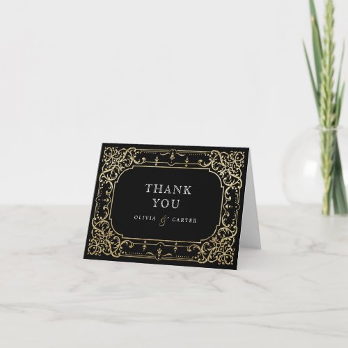 Black  gold elegant romantic vintage wedding thank you card