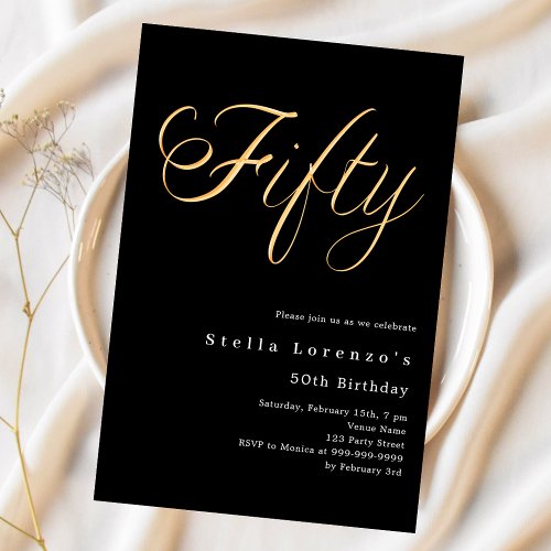 Black gold elegant script 50th birthday invitation