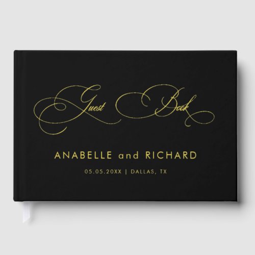 Black Gold Elegant Script Calligraphy Wedding Foil Foil Guest Book