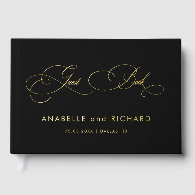 Black Gold Elegant Script Calligraphy Wedding Foil Guest Book (Front)