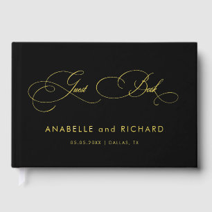 Black Gold Elegant Script Calligraphy Wedding Foil Guest Book