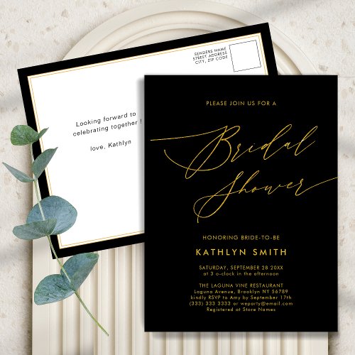 Black Gold Elegant Script Modern Bridal Shower Invitation Postcard