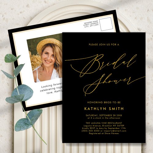 Black Gold Elegant Script Modern Bridal Shower Invitation Postcard