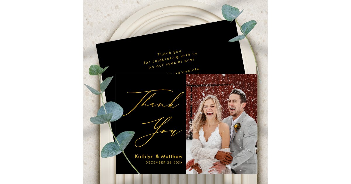 Black Gold Elegant Script Modern Photo Wedding Thank You Card | Zazzle