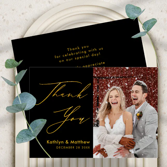 Black Gold Elegant Script Modern Photo Wedding Thank You Card | Zazzle