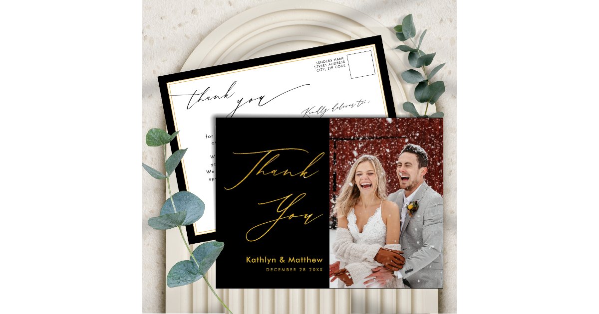 Black Gold Elegant Script Modern Wedding Thank You Postcard | Zazzle