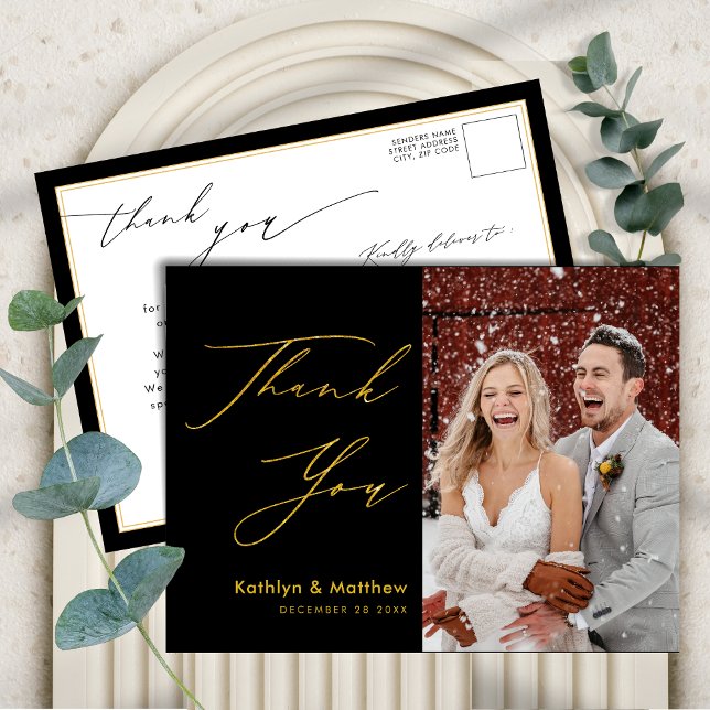 Black Gold Elegant Script Modern Wedding Thank You Postcard (Creator Uploaded)