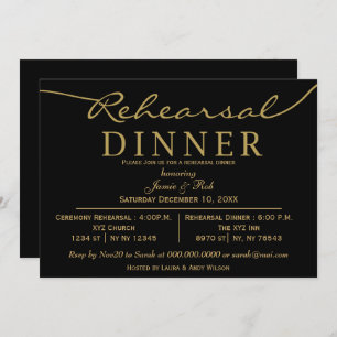 black gold Elegant Script Rehearsal Dinner Invitation