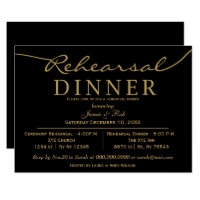 black gold Elegant Script Rehearsal Dinner Invites