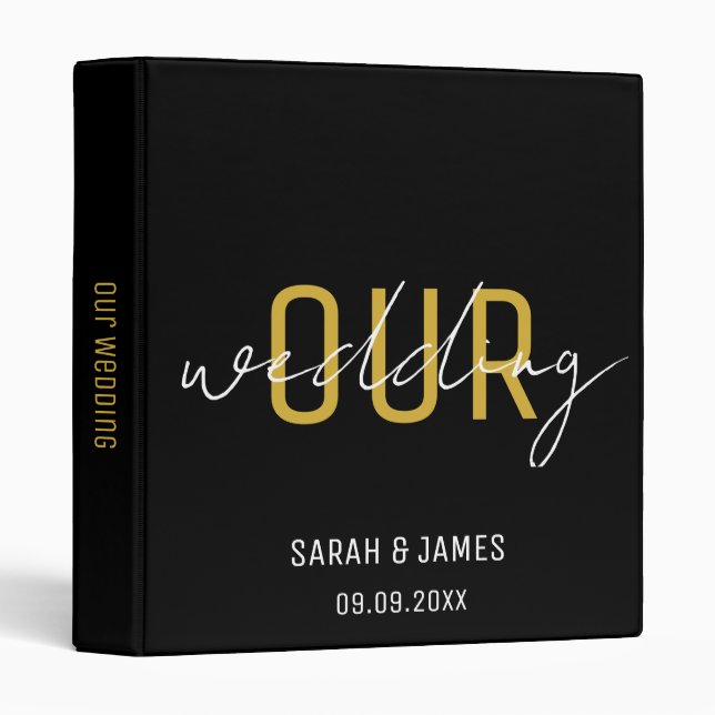 Black & Gold Elegant Script Wedding Custom   3 Ring Binder (Front/Spine)