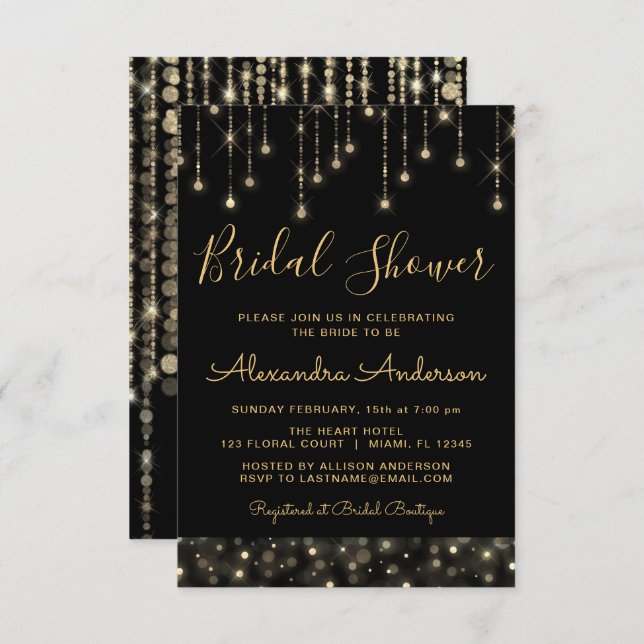 Black Gold Elegant String Lights Bridal Shower Invitation (Front/Back)