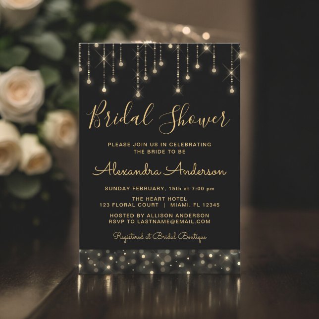 Black Gold Elegant String Lights Bridal Shower Invitation (Creator Uploaded)