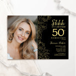 Black Gold Elegant Surprise Photo 50th Birthday Invitation<br><div class="desc">Floral black and gold surprise 50th birthday party invitation with your photo on the front of the card. Elegant modern design featuring botanical outline drawings accents and typography script font. Simple trendy invite card perfect for a stylish female bday celebration. Can be customized to any age. Printed Zazzle invitations or...</div>