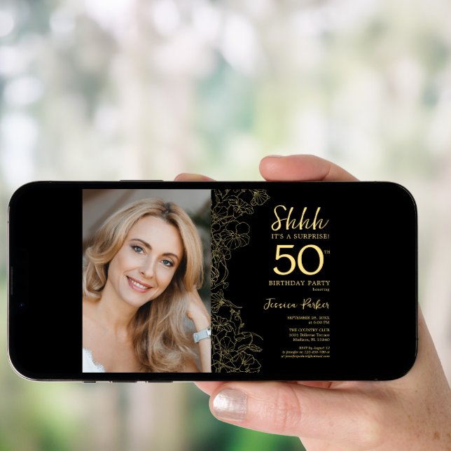 Black Gold Elegant Surprise Photo 50th Birthday Invitation (Front Digital)