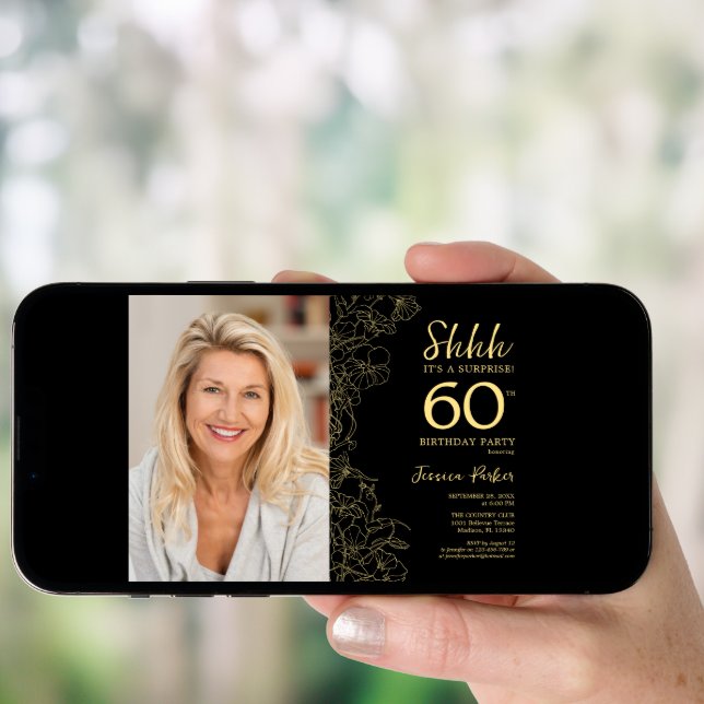 Black Gold Elegant Surprise Photo 60th Birthday Invitation (Front Digital)