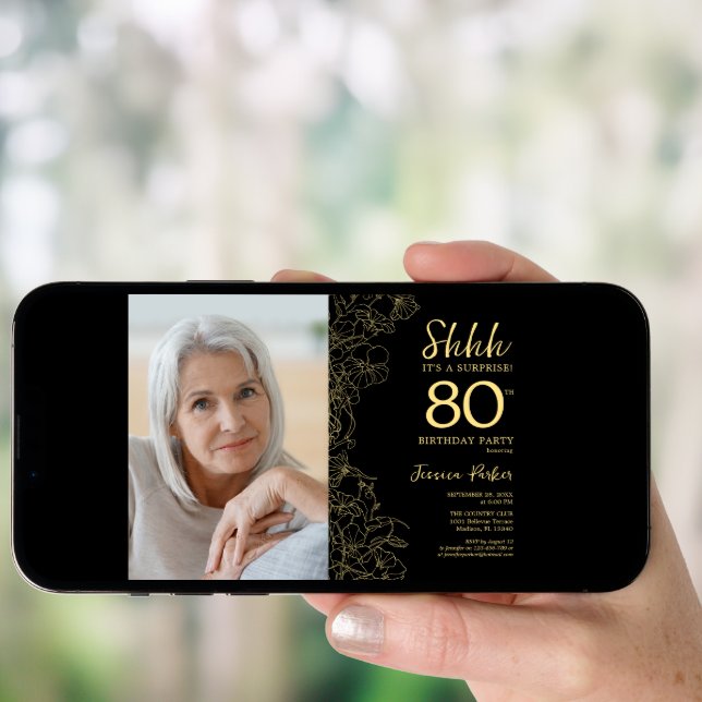 Black Gold Elegant Surprise Photo 80th Birthday Invitation (Front Digital)