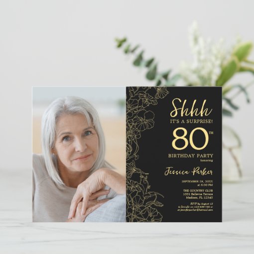 Black Gold Elegant Surprise Photo 80th Birthday Invitation | Zazzle