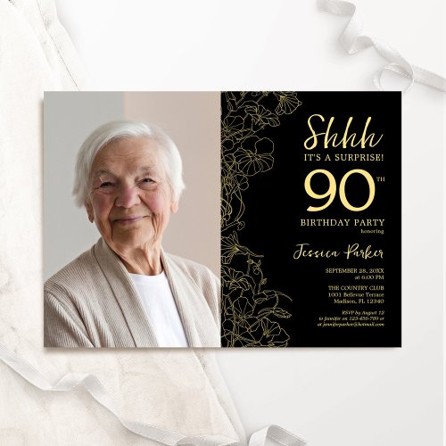 Black Gold Elegant Surprise Photo 90th Birthday Invitation