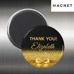 Black gold elegant Thank You birthday name Magnet<br><div class="desc">Elegant,  classic,  glamorous and feminine.  A gold colored bow with golden glitter and sparkle,  a bit of bling and luxury.  Black background. With the text: Thank You! and template for a name.</div>