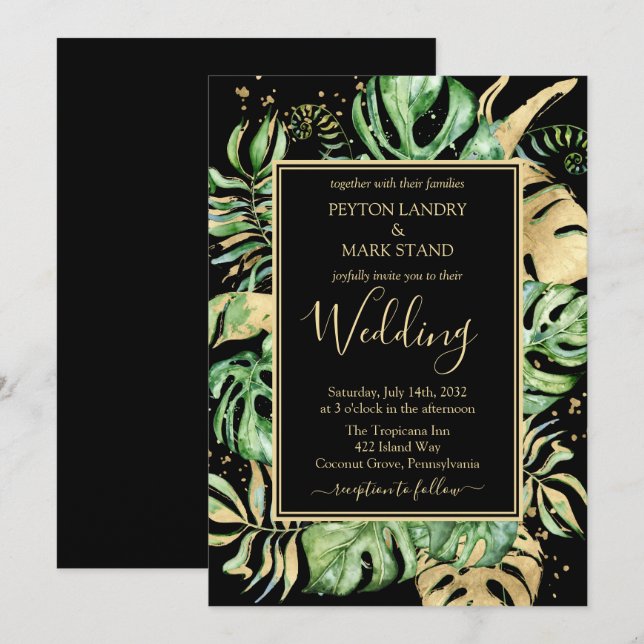 Black & Gold Elegant Tropical Foliage Wedding Invitation (Front/Back)