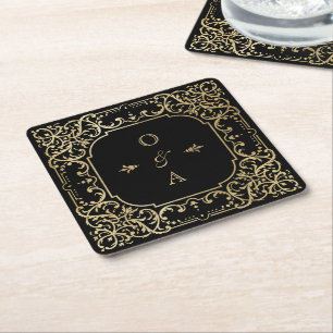 Black & gold elegant vintage couple monogram squar square paper coaster