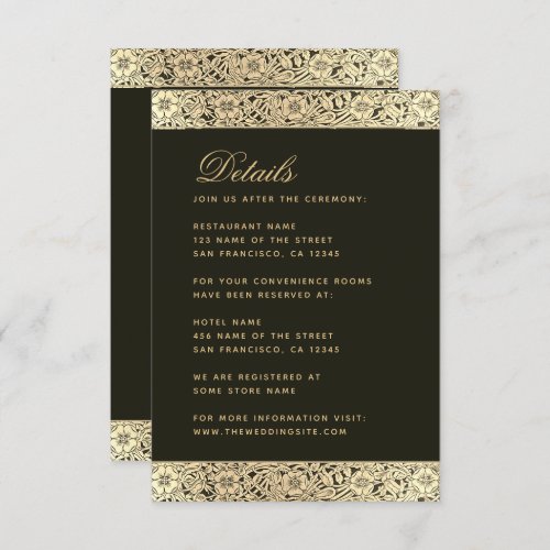 Black Gold Elegant Vintage Floral Wedding Details Enclosure Card