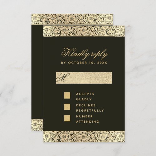 Black Gold Elegant Vintage Floral Wedding RSVP Card