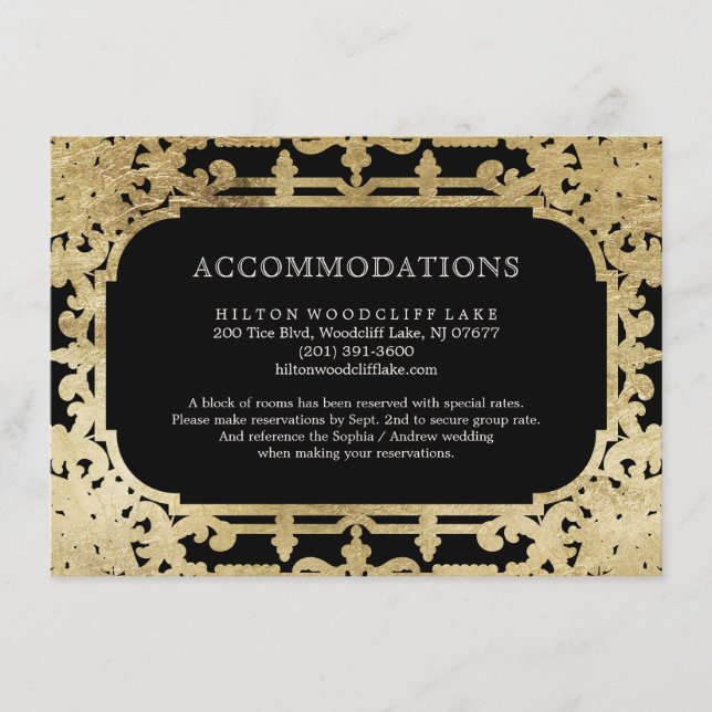 Black & gold elegant vintage wedding accommodation enclosure card (Front)
