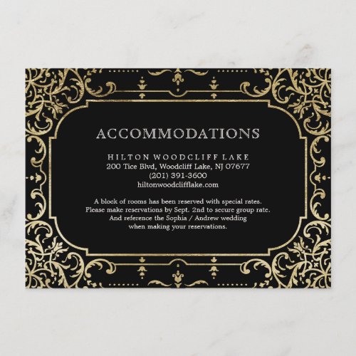 Black  gold elegant vintage wedding accommodation enclosure card