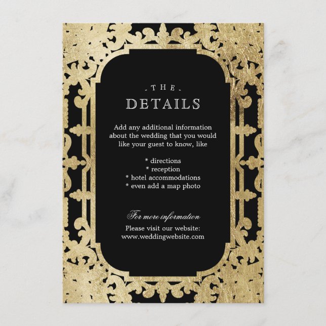 Black & gold elegant vintage wedding details enclosure card (Front)
