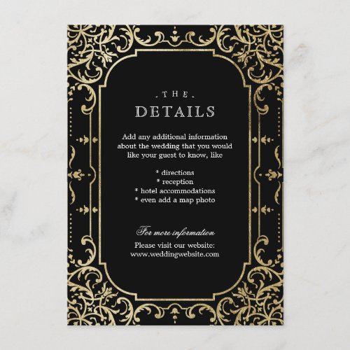 Black  gold elegant vintage wedding details enclosure card
