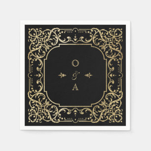 Black & gold elegant vintage wedding monogram napkins