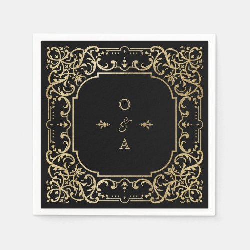 Black  gold elegant vintage wedding monogram napkins