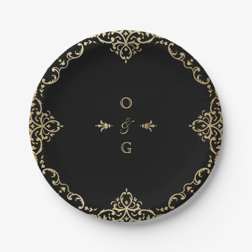 Black  gold elegant vintage wedding monogram paper plates