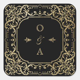 Black &amp; gold elegant vintage wedding monogram square sticker