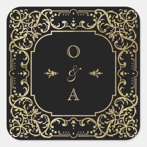 Black  gold elegant vintage wedding monogram square sticker