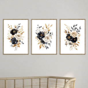 Black Gold Elegant Watercolor Florals Wall Art Sets